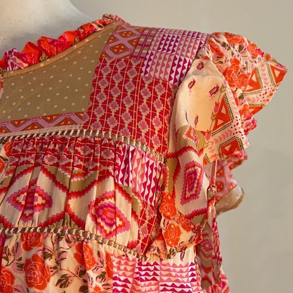 EUC Boho Orange Pink Green Cream Patch Print Flutter Sleeve Women's Top | Size M - Picture 3 of 5